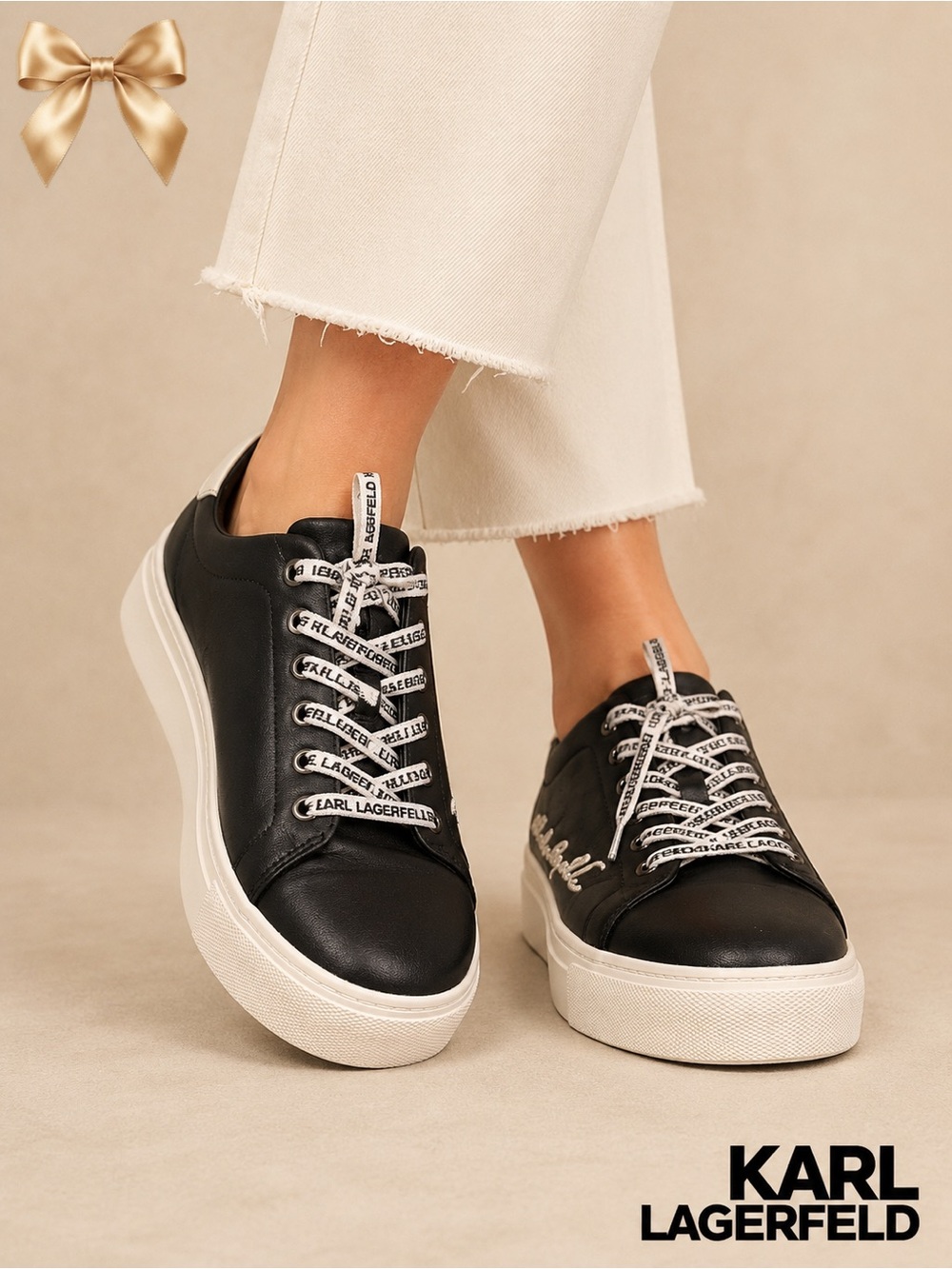 Title: Karl Lagerfeld Paris Black Leather Platform Sneakers Logo